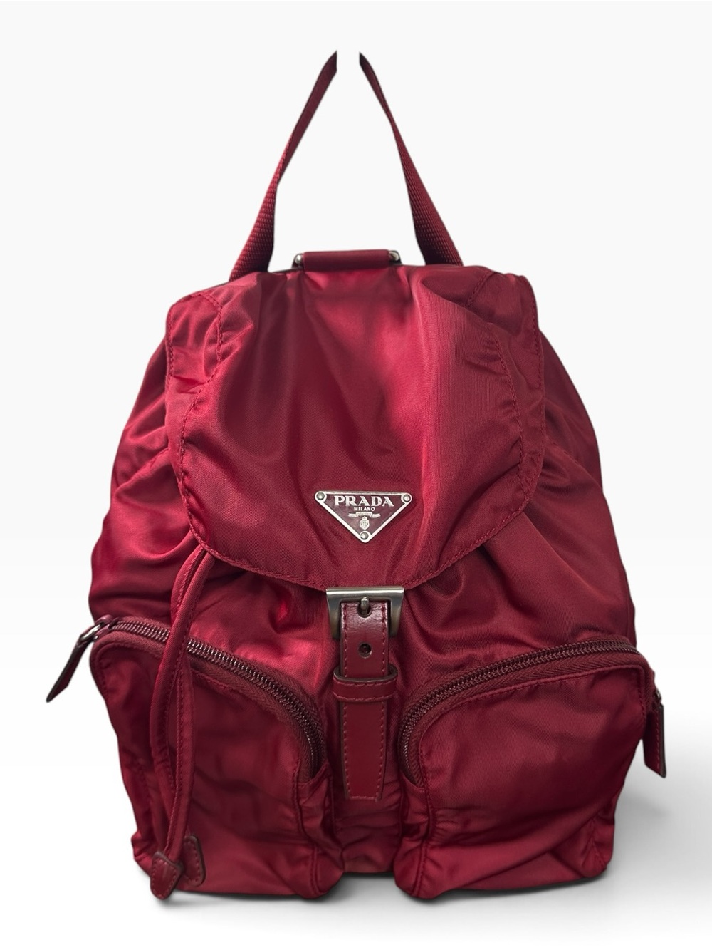 Prada Vela Sport Backpack Bag Medium Cerise Nylon Leather Italy Logo Triangle